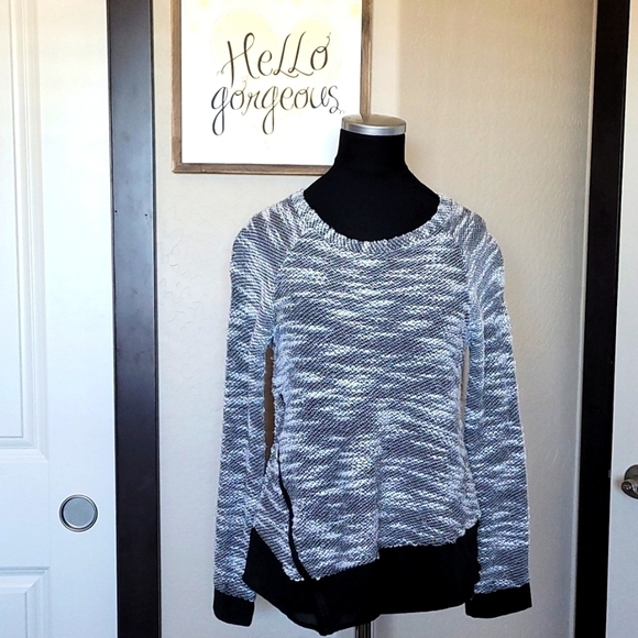 Lush Long Sleeve Black White stretch sheer back zipper blouse XS - Picture 1 of 7